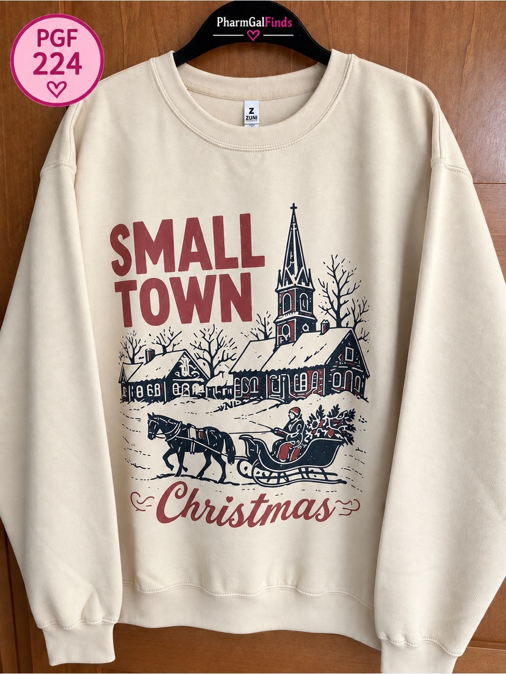 ZUNI Small Town Christmas Lightweight Sweatshirt Cream Vintage Graphic
